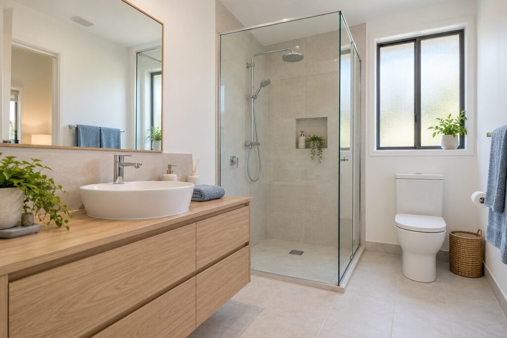 Clean home bathroom with a vanity, shower and toilet