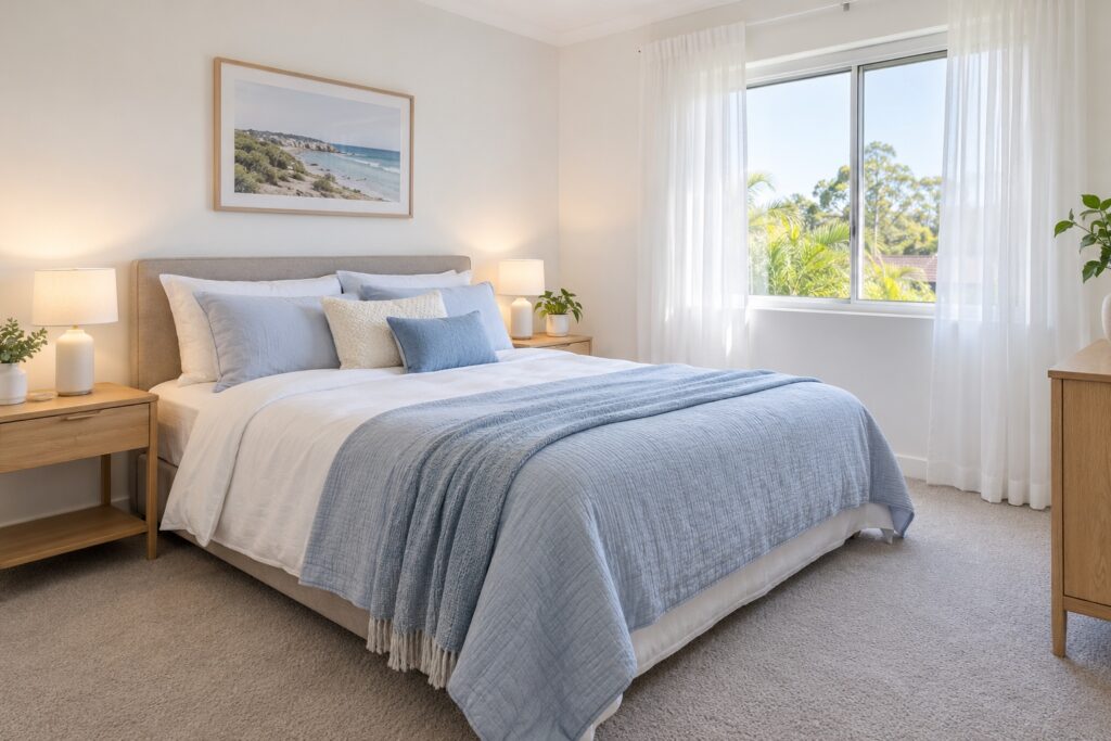 Tidy bedroom with freshly made blue and white bedding