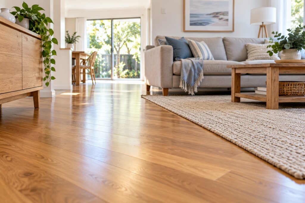 Clean timber floor and rug in a home living area