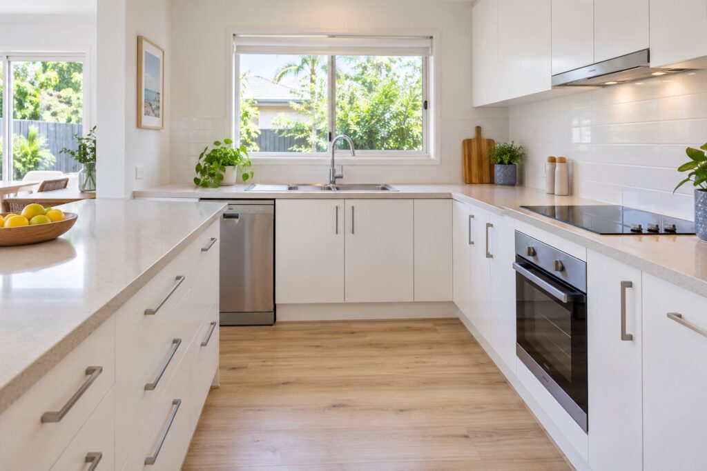 Clean home kitchen with white cabinetry and clear benchtops