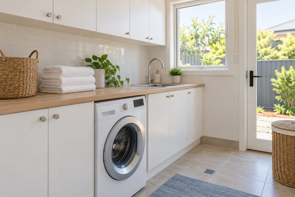 Clean home laundry with washing machine, sink and folded towels