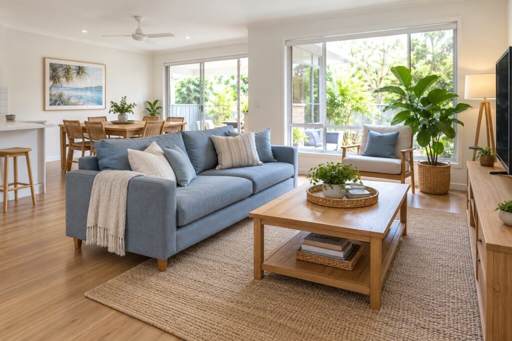Clean living area with a blue sofa, timber coffee table and clear walkways